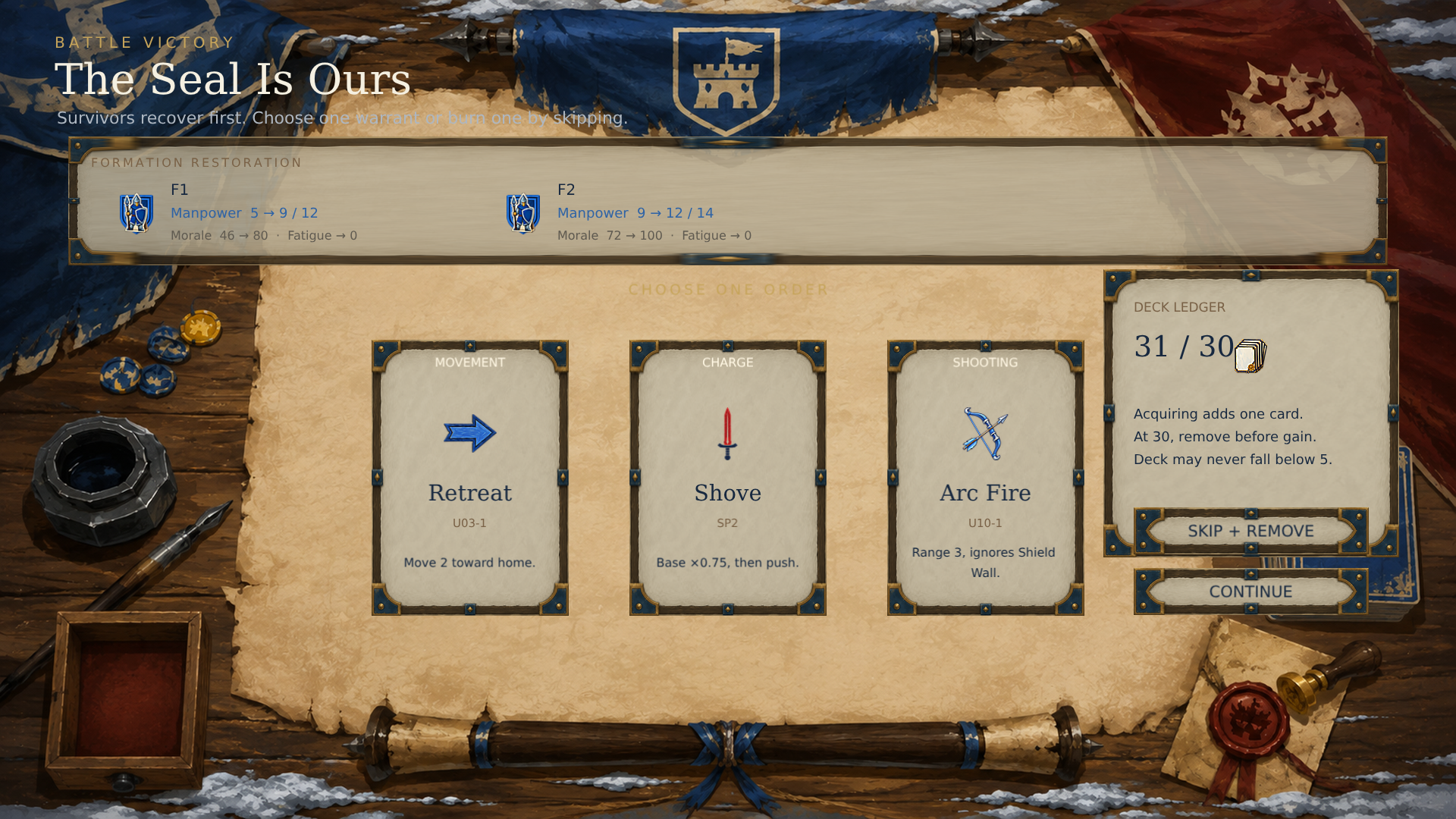 Full Siege Deck 2D reward screen after reward acceptance, showing 31 of 30 cards.