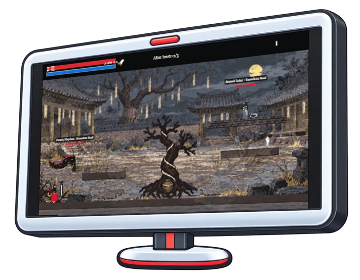 A generated game displayed on a monitor