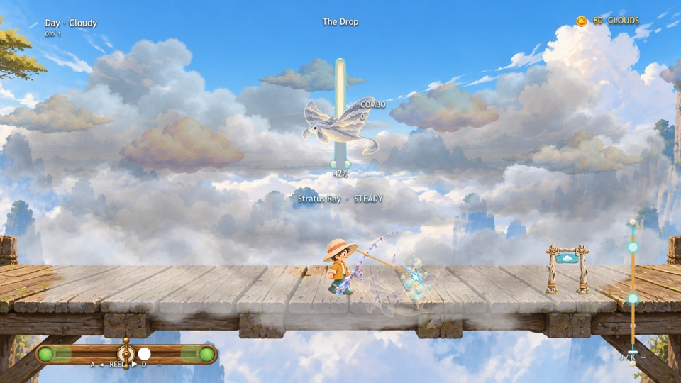 Cloud Cast. Reeling gauges. 42% catch progress with A/D and J/K cues. Screenshot from Figure S26(a).