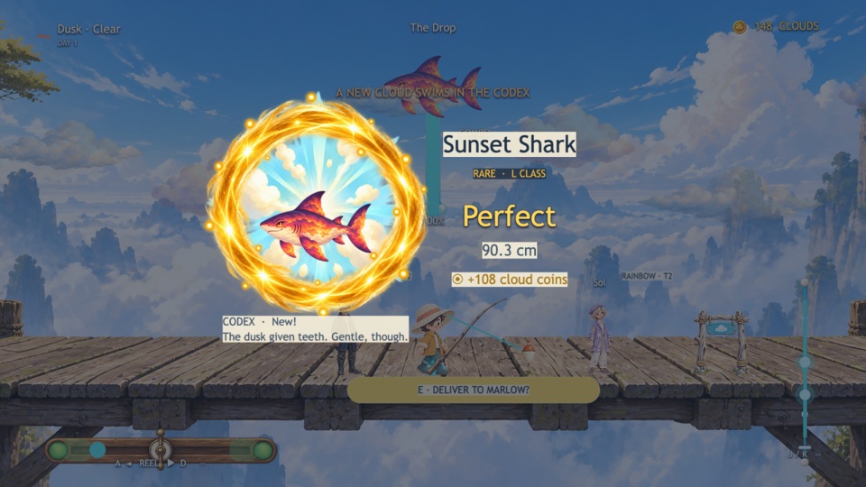 Cloud Cast. Catch summary. Perfect grade, 90.3 cm, and +108 coins. Screenshot from Figure S26(a).